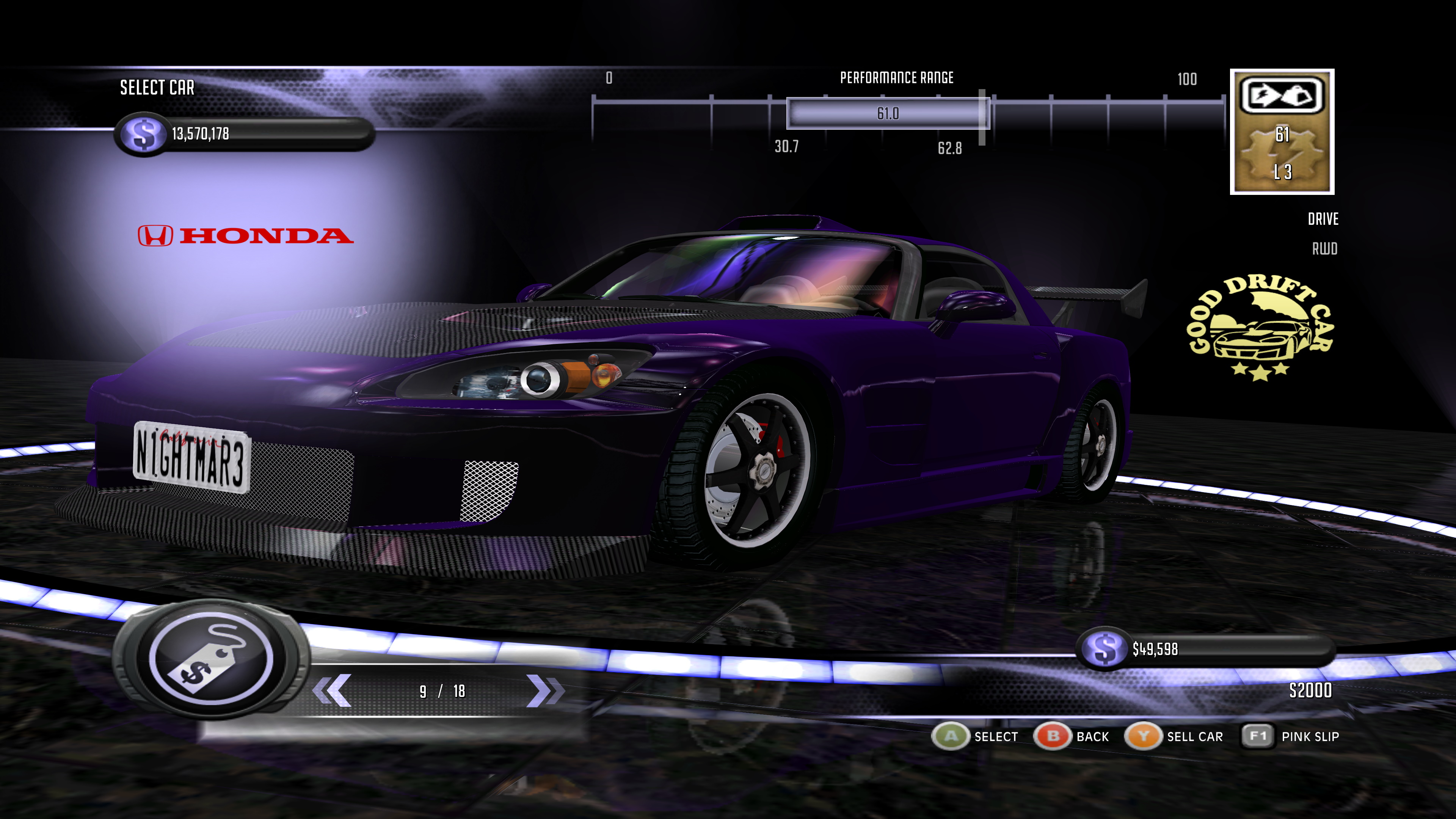 The garage in the PC version of Juiced 2: Hot Import Nights, running at a resolution of 3840x2160, indicated by the UI text appearing smaller than normal, and the license plate text appearing larger than normal.