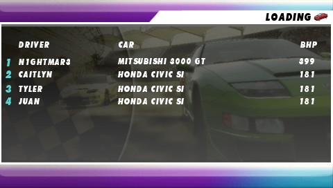 The loading screen before the start of a race in Juiced: Eliminator, showing the player's 399 BHP Mitsubishi 3000GT against three stock Honda Civic Sis.