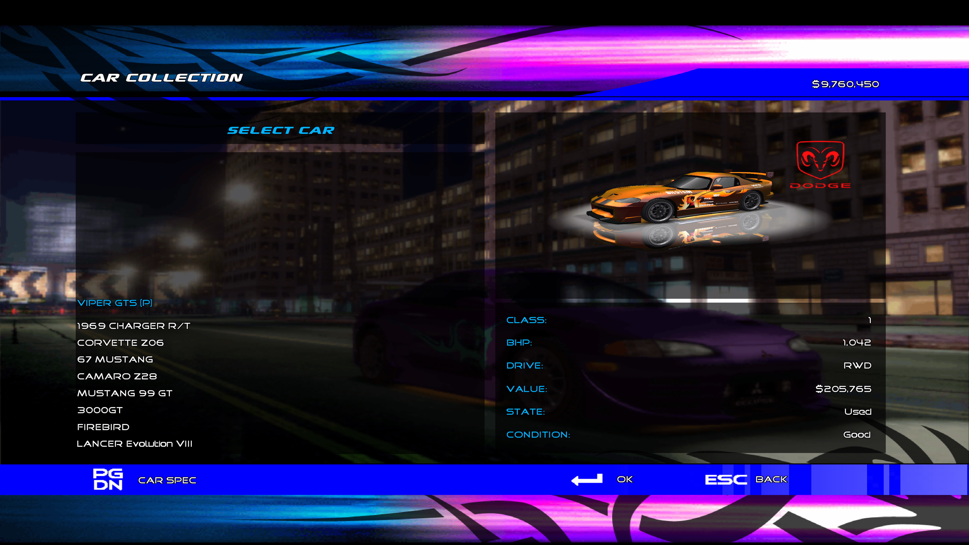 The workshop in the PC version of Juiced, running at a resolution of 3840x2160, indicated by the text appearing smaller than normal.