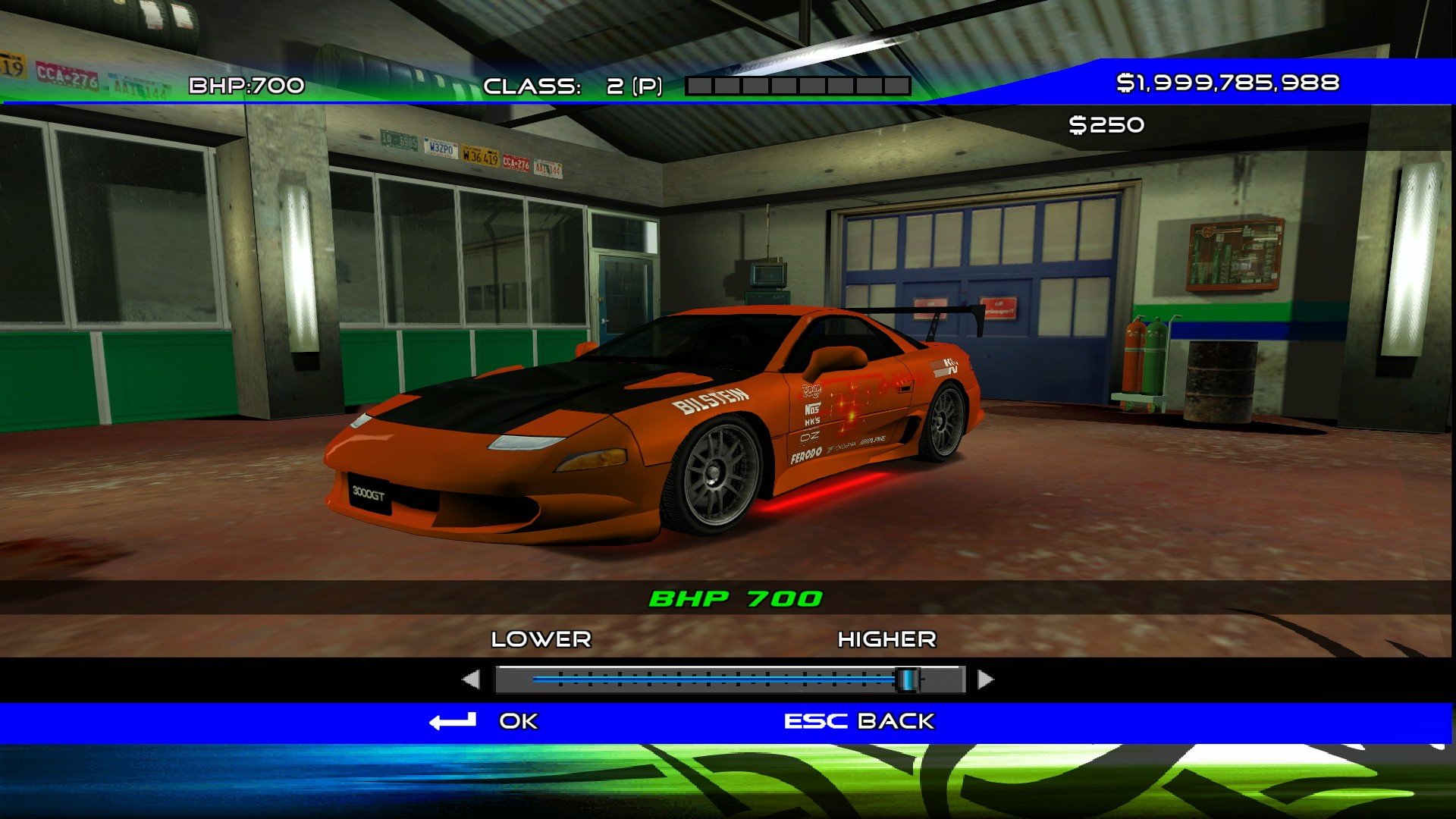 A screenshot of the workshop in Juiced, showing a 3000GT being tuned via the ECU to 700 BHP.