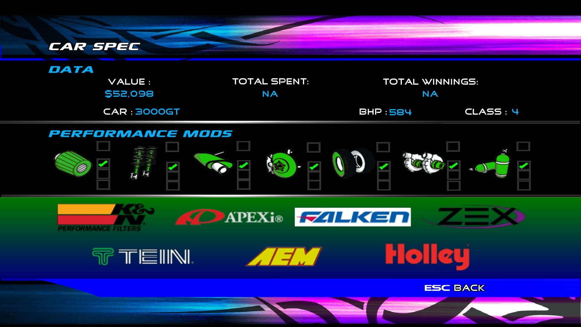 The car specifications for one of Sue's 3000GTs, showing all level 3 performance parts.