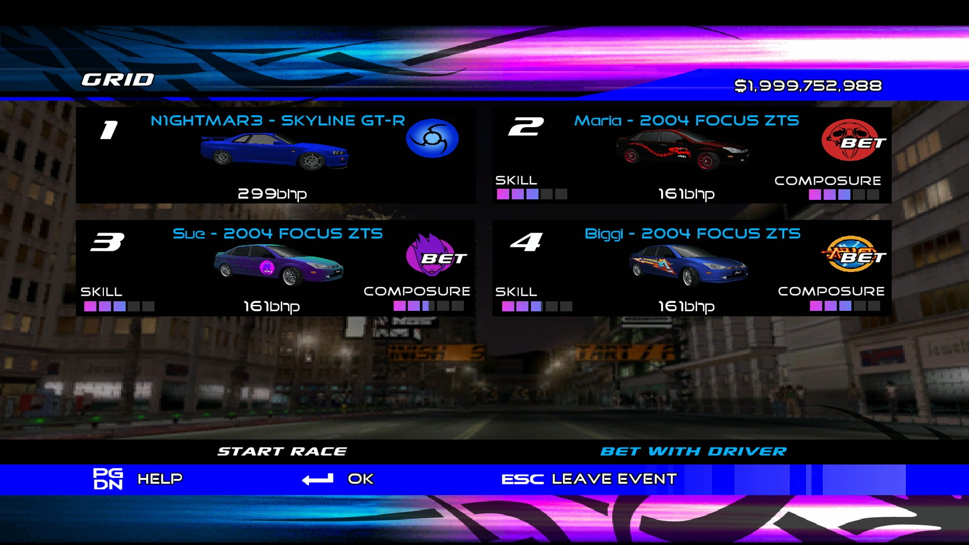 The grid before the start of a race in Juiced, showing the player's 299 BHP Nissan Skyline GT-R against three stock Ford Focus ZTSs.