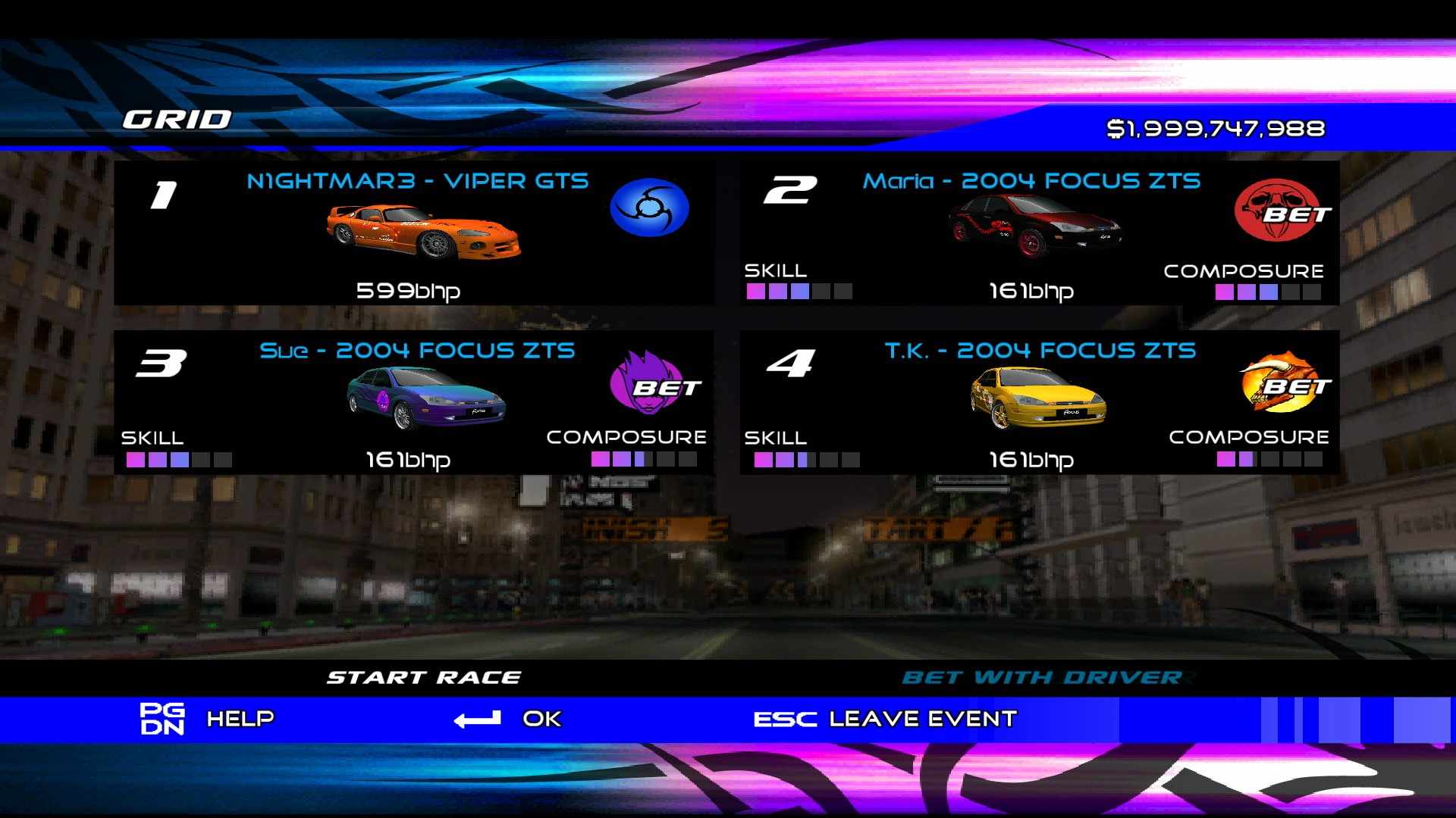 The grid before the start of a race in Juiced, showing the player's 599 BHP Dodge Viper GTS against three stock Ford Focus ZTSs.