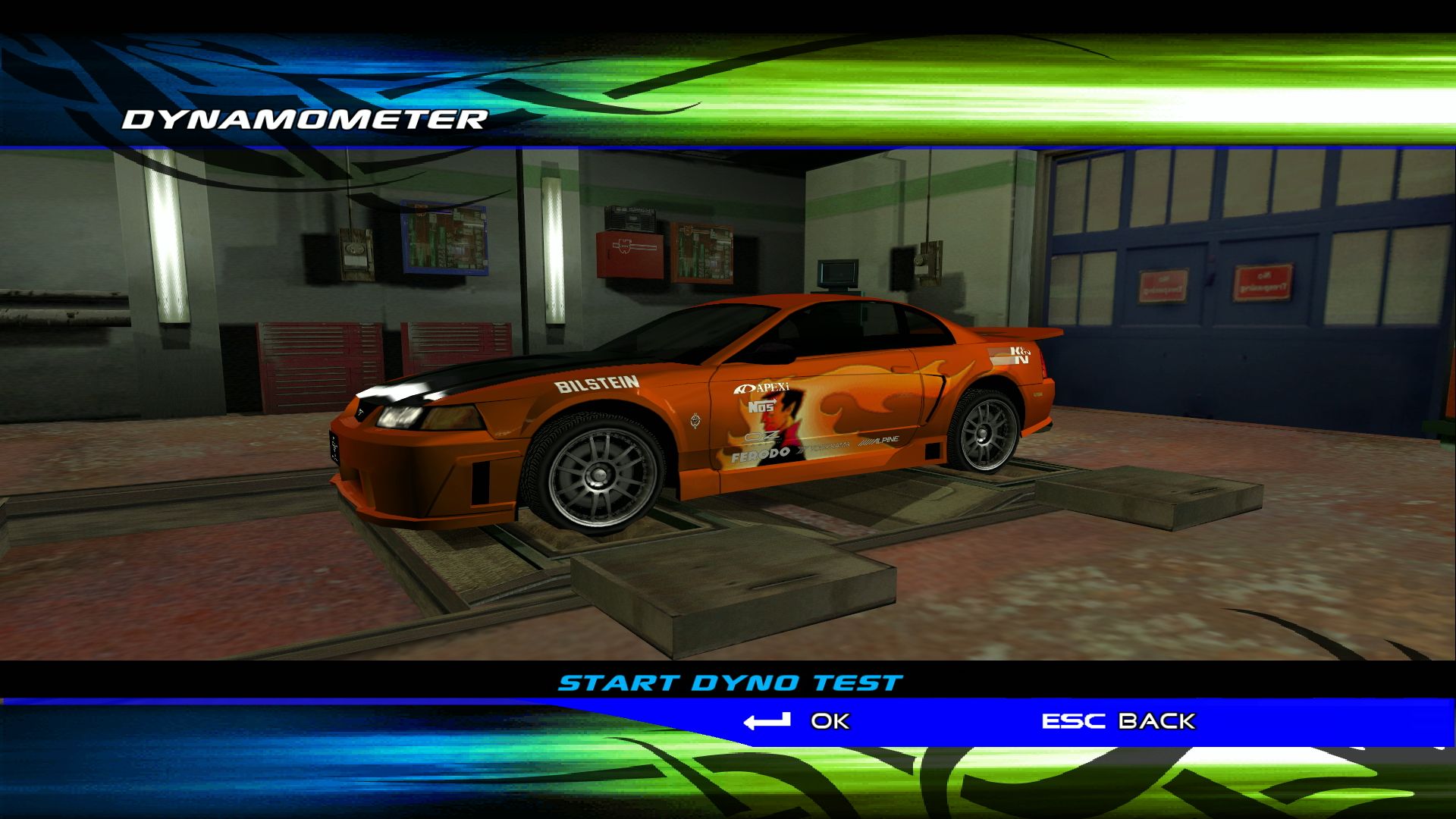 That same Ford Mustang 99 GT in the Dynamometer, where the wing has changed into a ducktail spoiler.