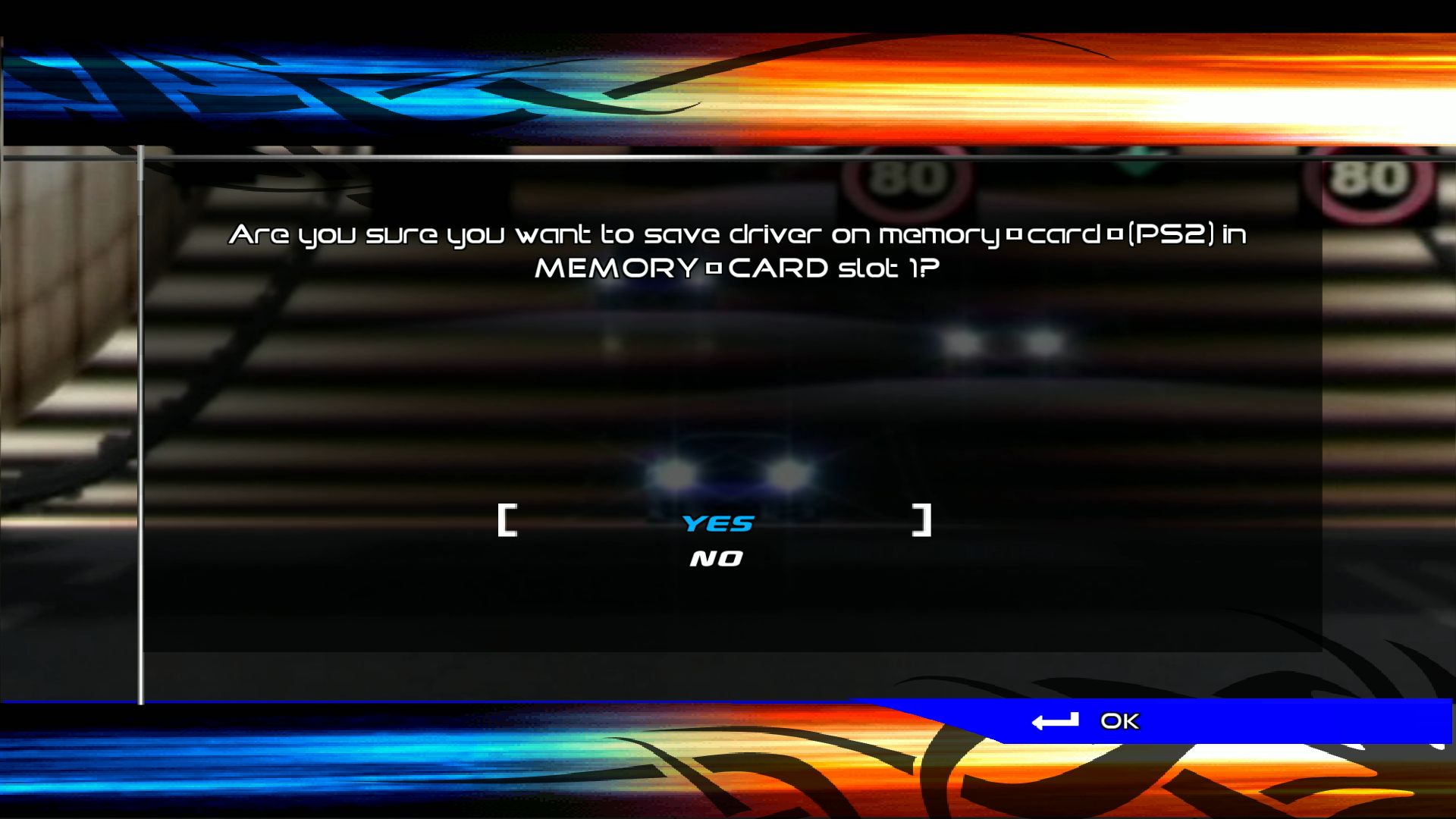 The PlayStation 2 save prompt displayed in the PC version, featuring a few invalid characters. It reads:
            
            Are you sure you want to save driver on memory card (PS2) in MEMORY CARD slot 1?