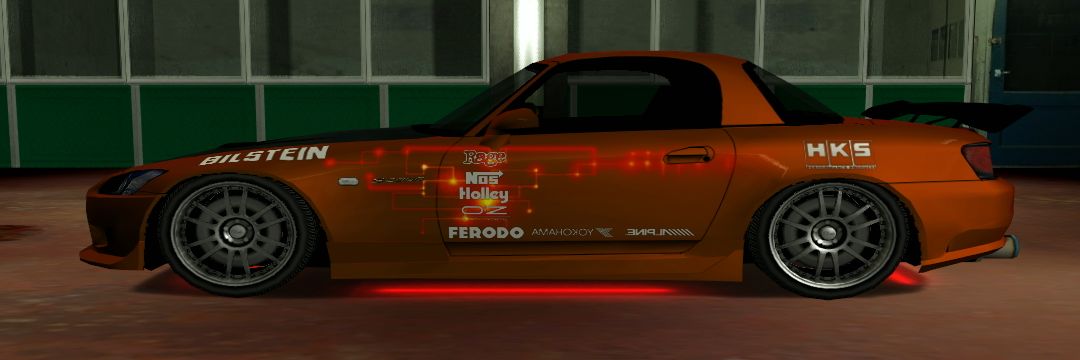 The side profile of an upgraded Honda S2000, with its Yokohama and Alpine decals (representing tires and in-car entertainment, respectively) flipped horizontally.