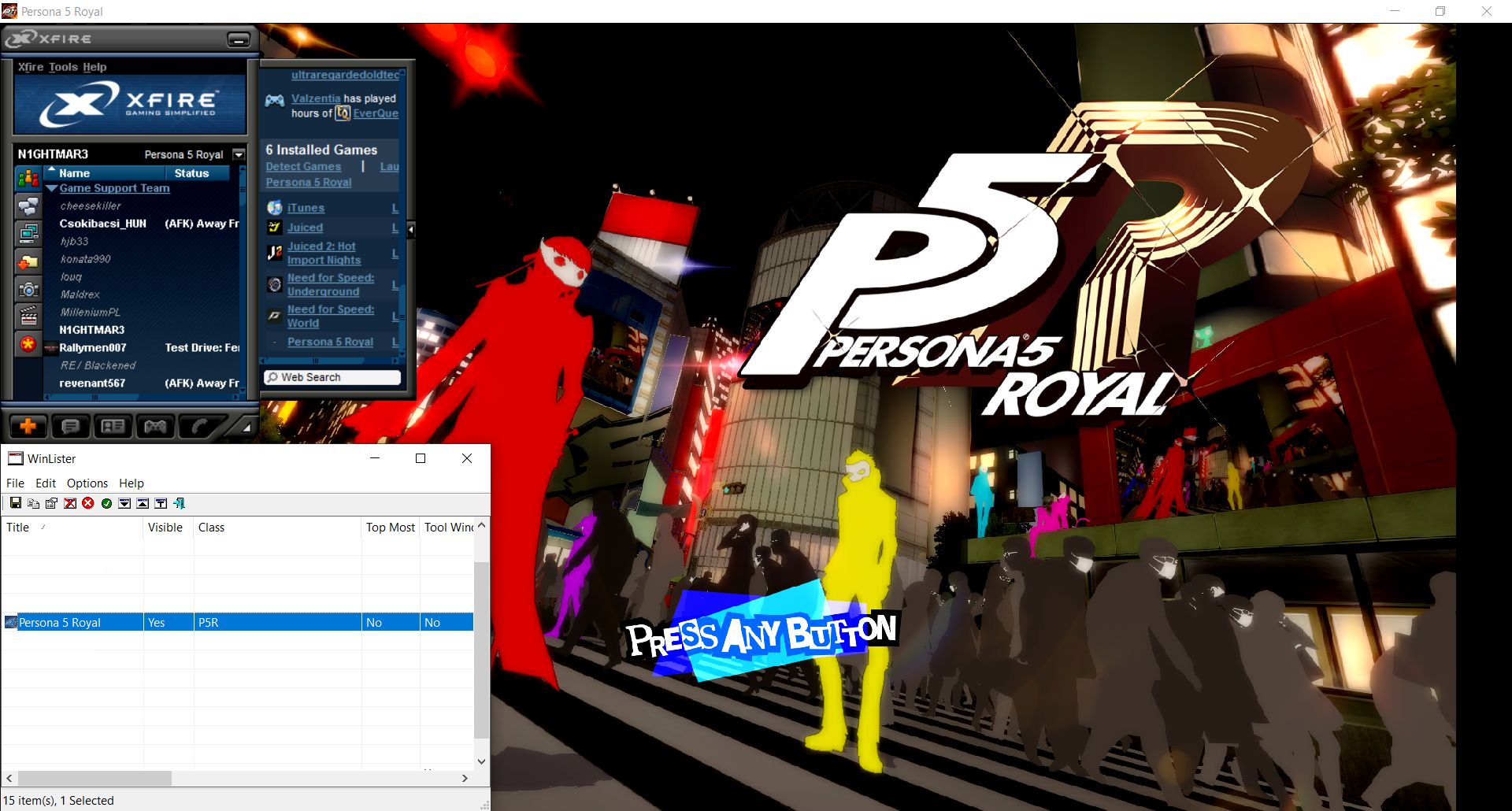 A screenshot of Persona 5 Royal, with Xf1re and WinLister overlaid on it.
