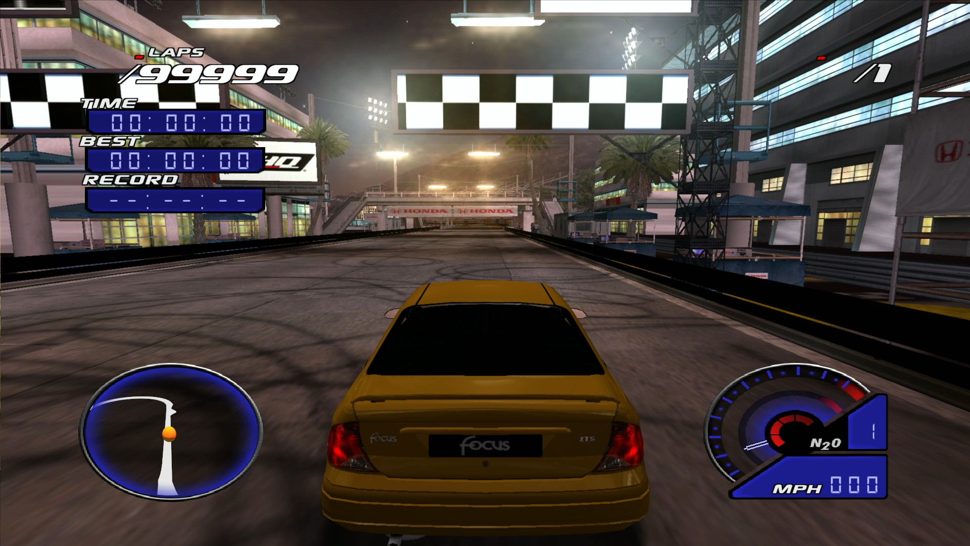A screenshot showing the game after being launched with the -i argument. A lone yellow Focus ZTS is on Angel Superspeedway at night, in a 99999-lap solo race.